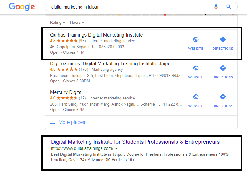 Screenshot of google SERP on the search query digital marketing in Jaipur