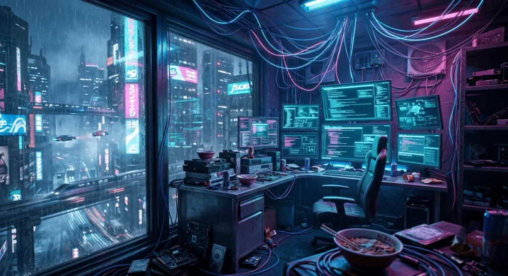 Cyberpunk Hacker Den AI Image Prompt